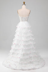 Weißes glitzerndes A-Linie Pailletten Rüschenrock Korsett Ballkleid mit Schlitz