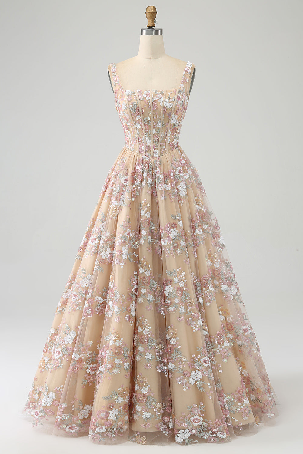 Luxuriöses champagner Korsett Ballkleid mit quadratischem Ausschnitt und Applikationen