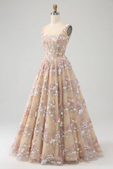 Luxuriöses champagner Korsett Ballkleid mit quadratischem Ausschnitt und Applikationen