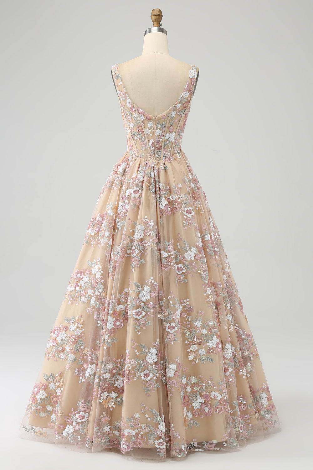 Luxuriöses champagner Korsett Ballkleid mit quadratischem Ausschnitt und Applikationen