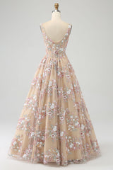 Luxuriöses champagner Korsett Ballkleid mit quadratischem Ausschnitt und Applikationen