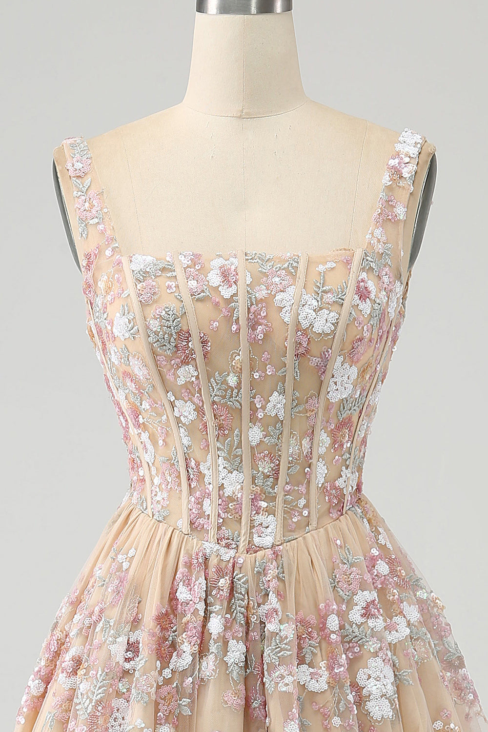 Luxuriöses champagner Korsett Ballkleid mit quadratischem Ausschnitt und Applikationen