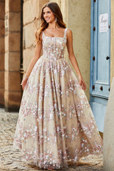 Charmantes A-Linie Korsett Ballkleid mit quadratischem Ausschnitt und Applikationen