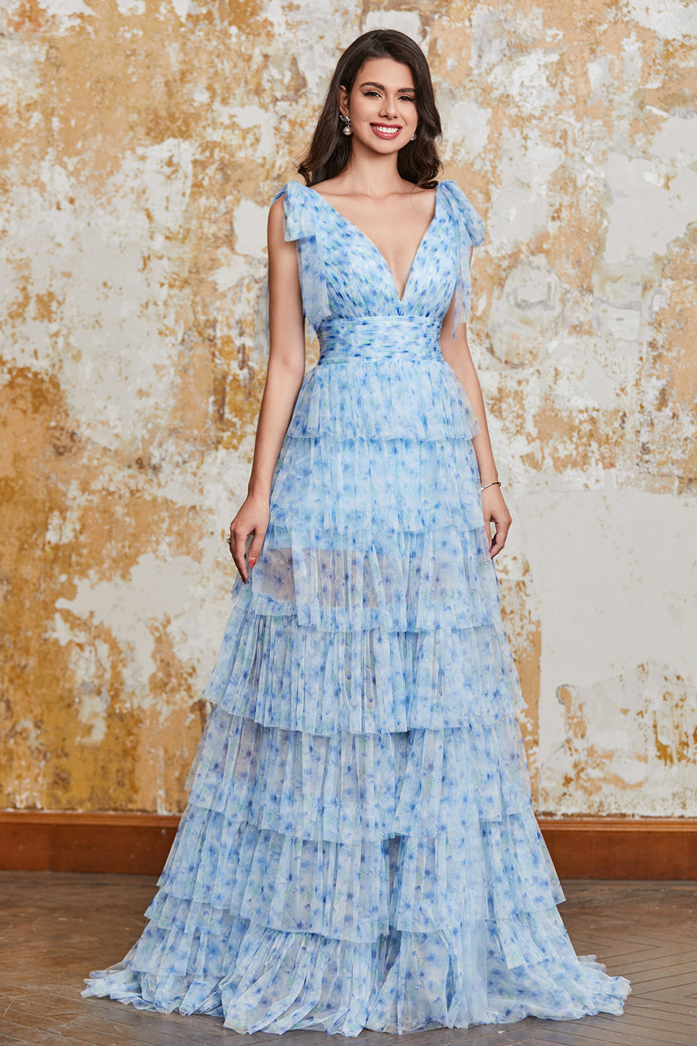 Prinzessin A Linie V-Ausschnitt Blaues langes Ballkleid mit Rüschen und schlitz