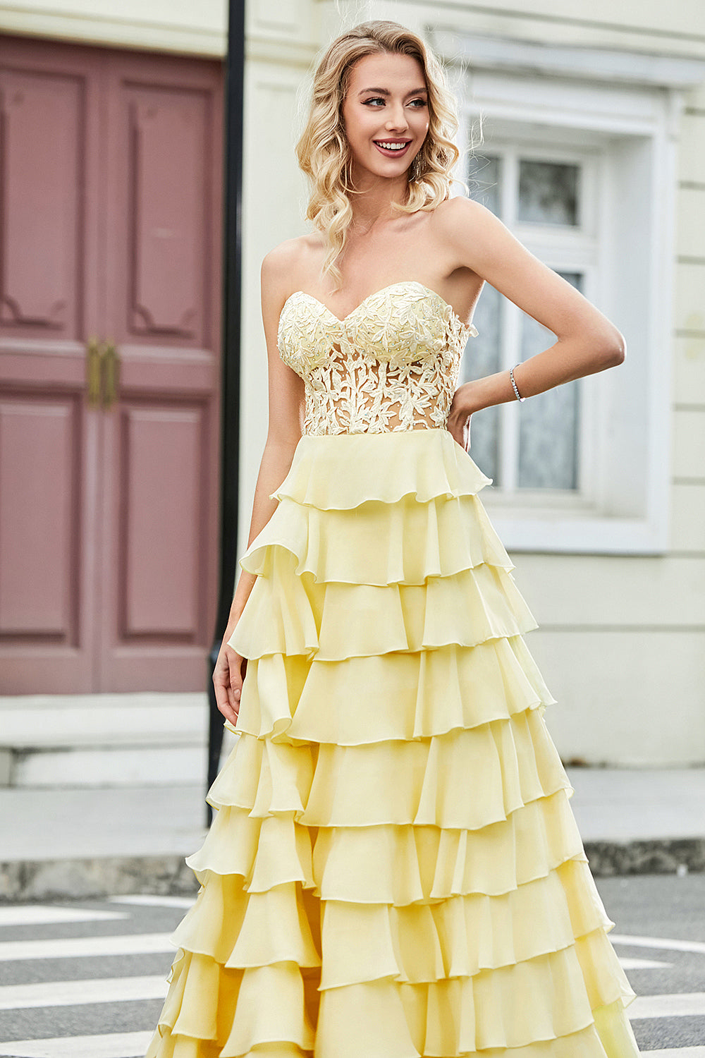 A-Linie Herzausschnitt Gelbes Korsett Ballkleid mit Applikationen und Rüschen