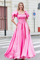 A Linie Rosa langes Ballkleid mit quadratischem Ausschnitt und Puffärmeln