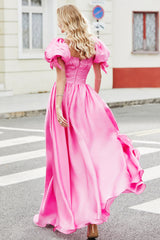 A Linie Rosa langes Ballkleid mit quadratischem Ausschnitt und Puffärmeln
