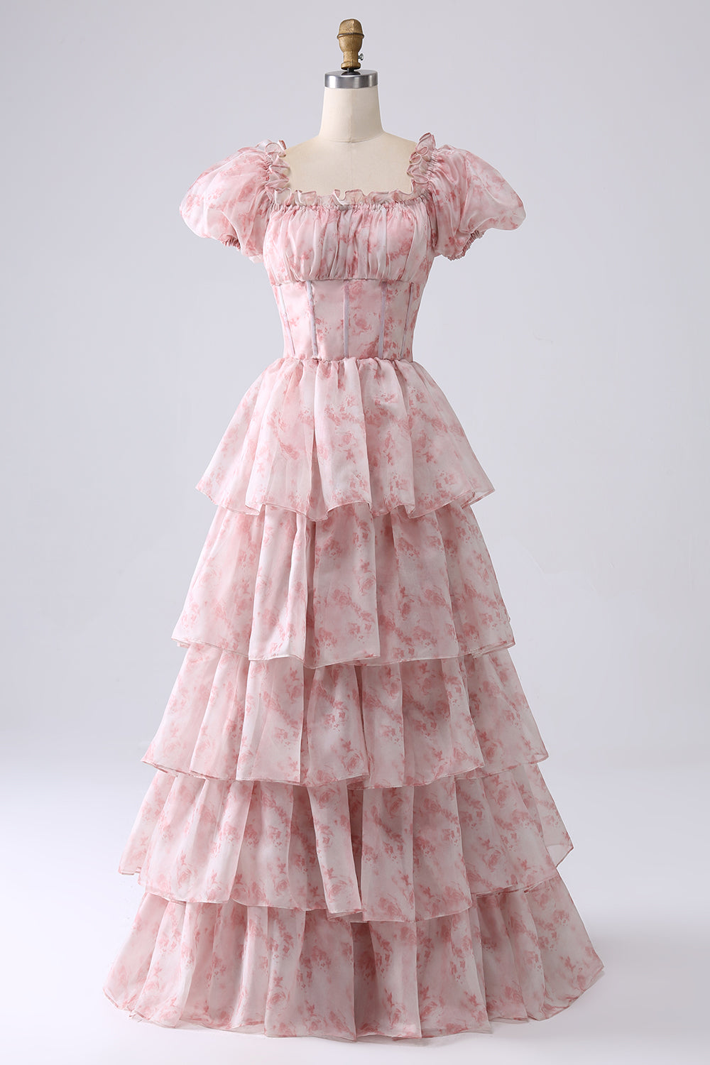 Grünes gestuftes Ballkleid aus Organza mit Korsett
