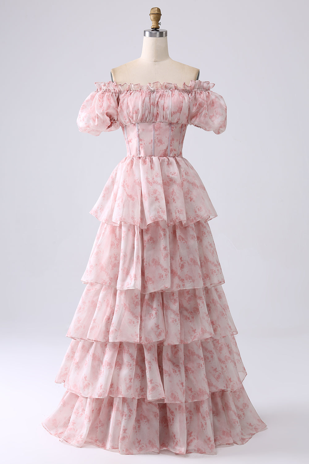 Grünes gestuftes Ballkleid aus Organza mit Korsett