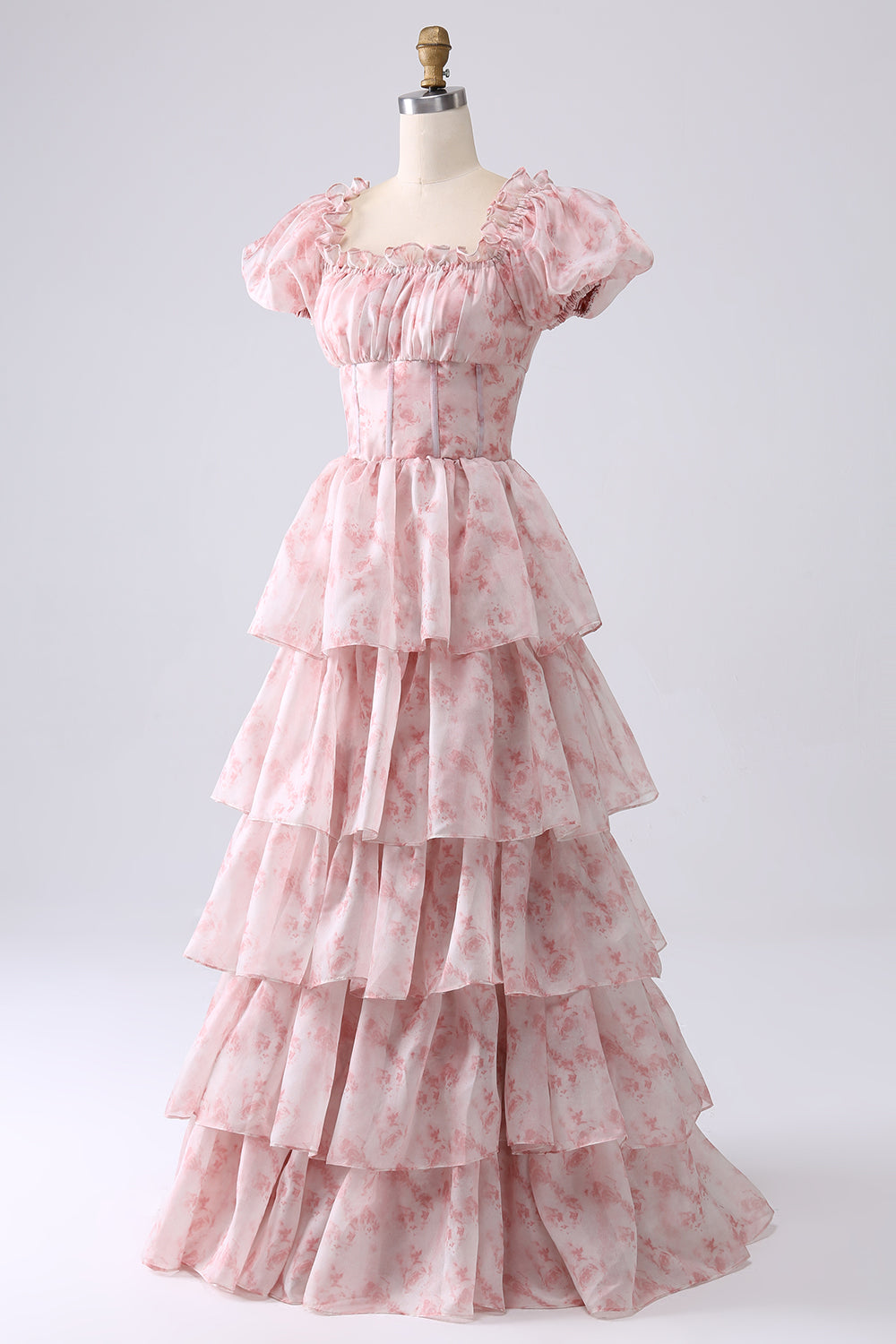 Grünes gestuftes Ballkleid aus Organza mit Korsett