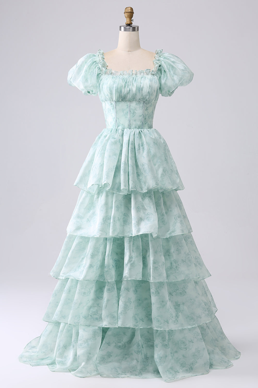 Grünes gestuftes Ballkleid aus Organza mit Korsett