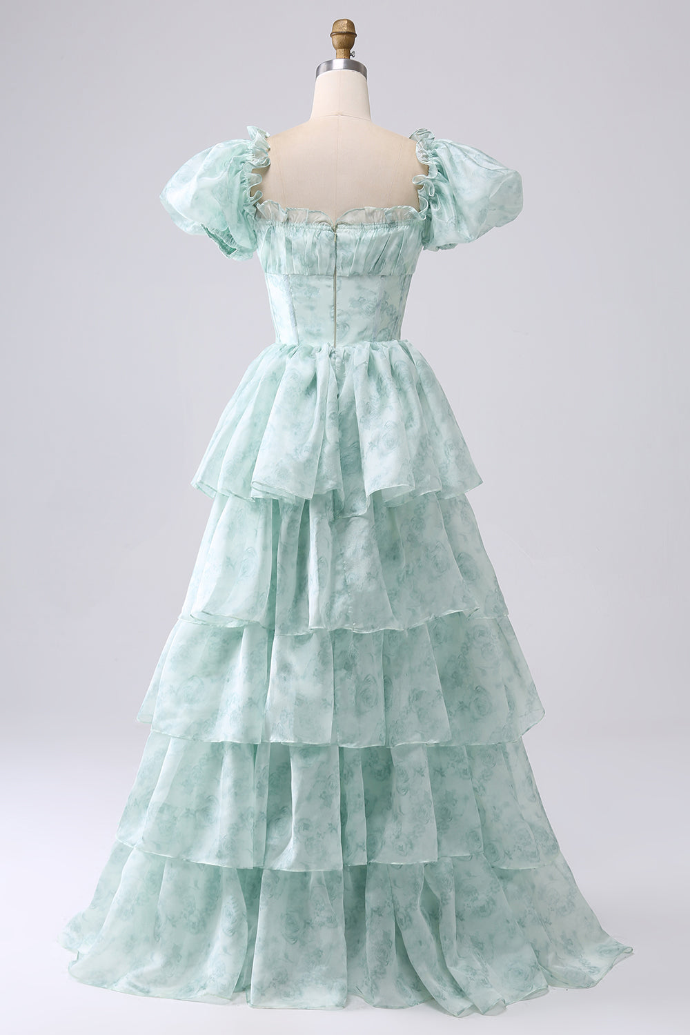 Grünes gestuftes Ballkleid aus Organza mit Korsett