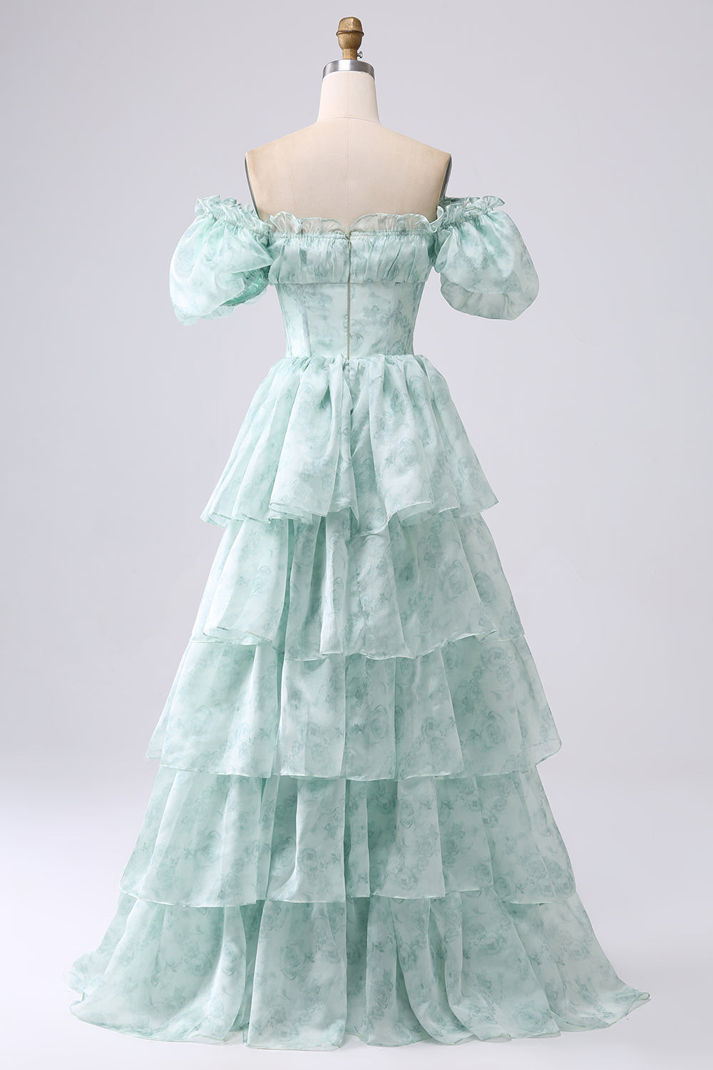 Grünes gestuftes Ballkleid aus Organza mit Korsett