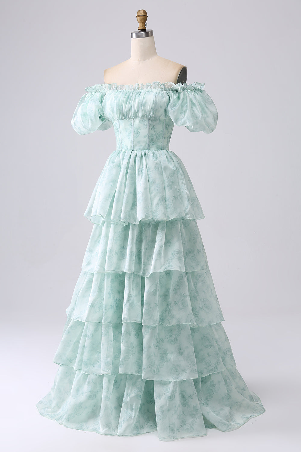 Grünes gestuftes Ballkleid aus Organza mit Korsett