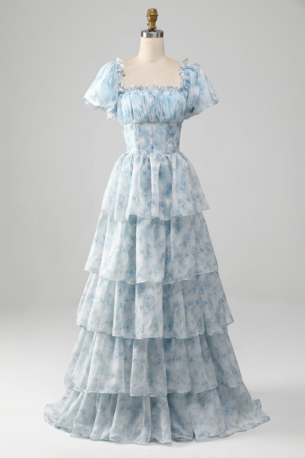 Grünes gestuftes Ballkleid aus Organza mit Korsett