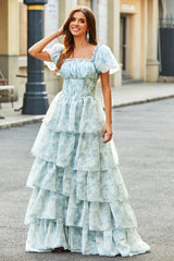 A Linie Hellblaues gestuftes geblümtes langes Ballkleid mit quadratischem Ausschnitt und Rüschen