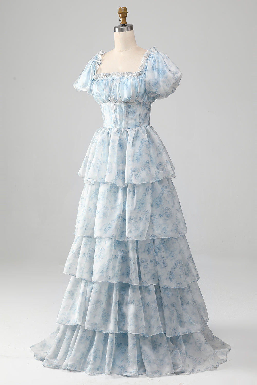 Grünes gestuftes Ballkleid aus Organza mit Korsett