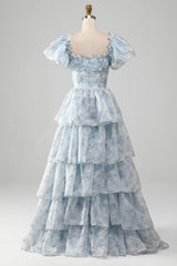 Hellblaues gestuftes Ballkleid aus Organza mit Korsett