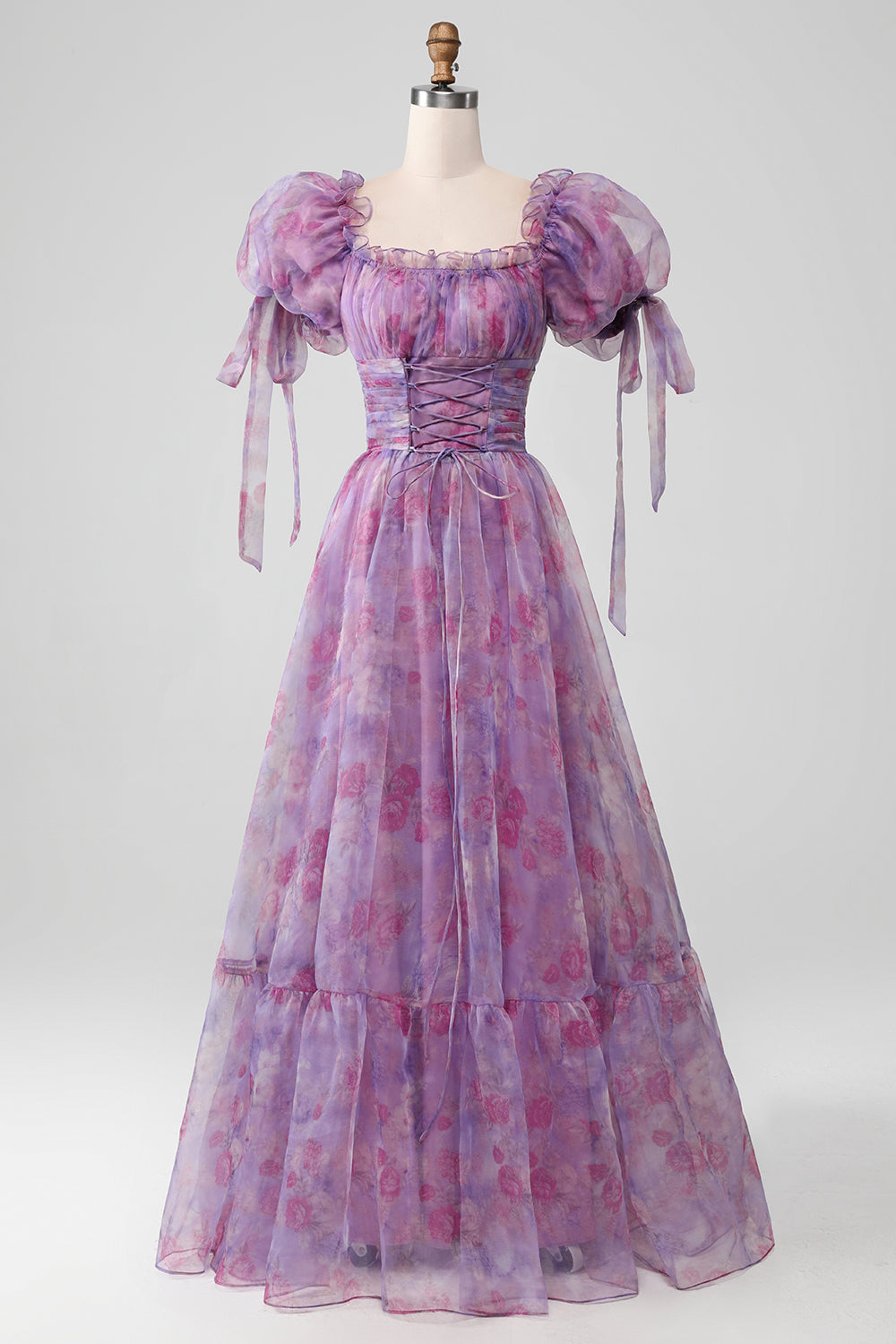 A-Linie Lila Langes Ballkleid mit Drucken und Schnürung und Puffärmeln