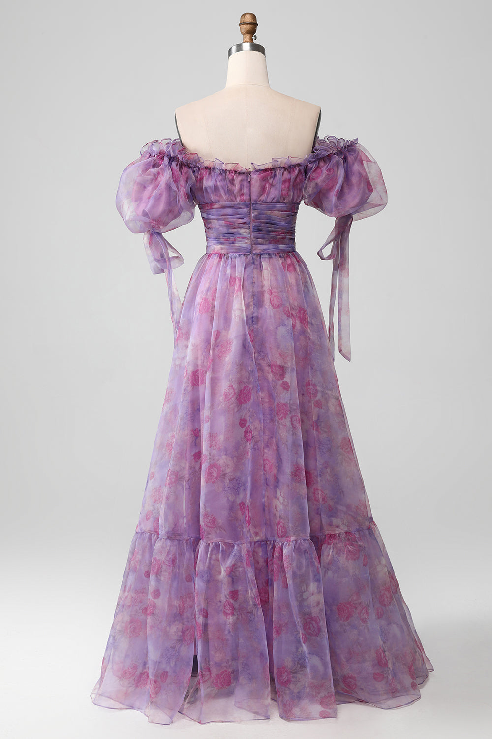 A-Linie Lila Langes Ballkleid mit Drucken und Schnürung und Puffärmeln
