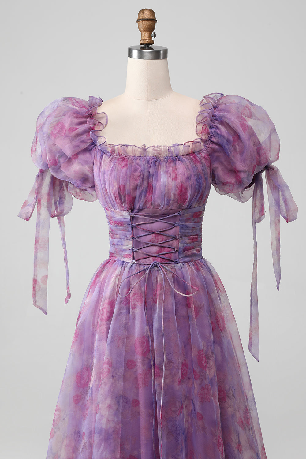 A-Linie Lila Langes Ballkleid mit Drucken und Schnürung und Puffärmeln
