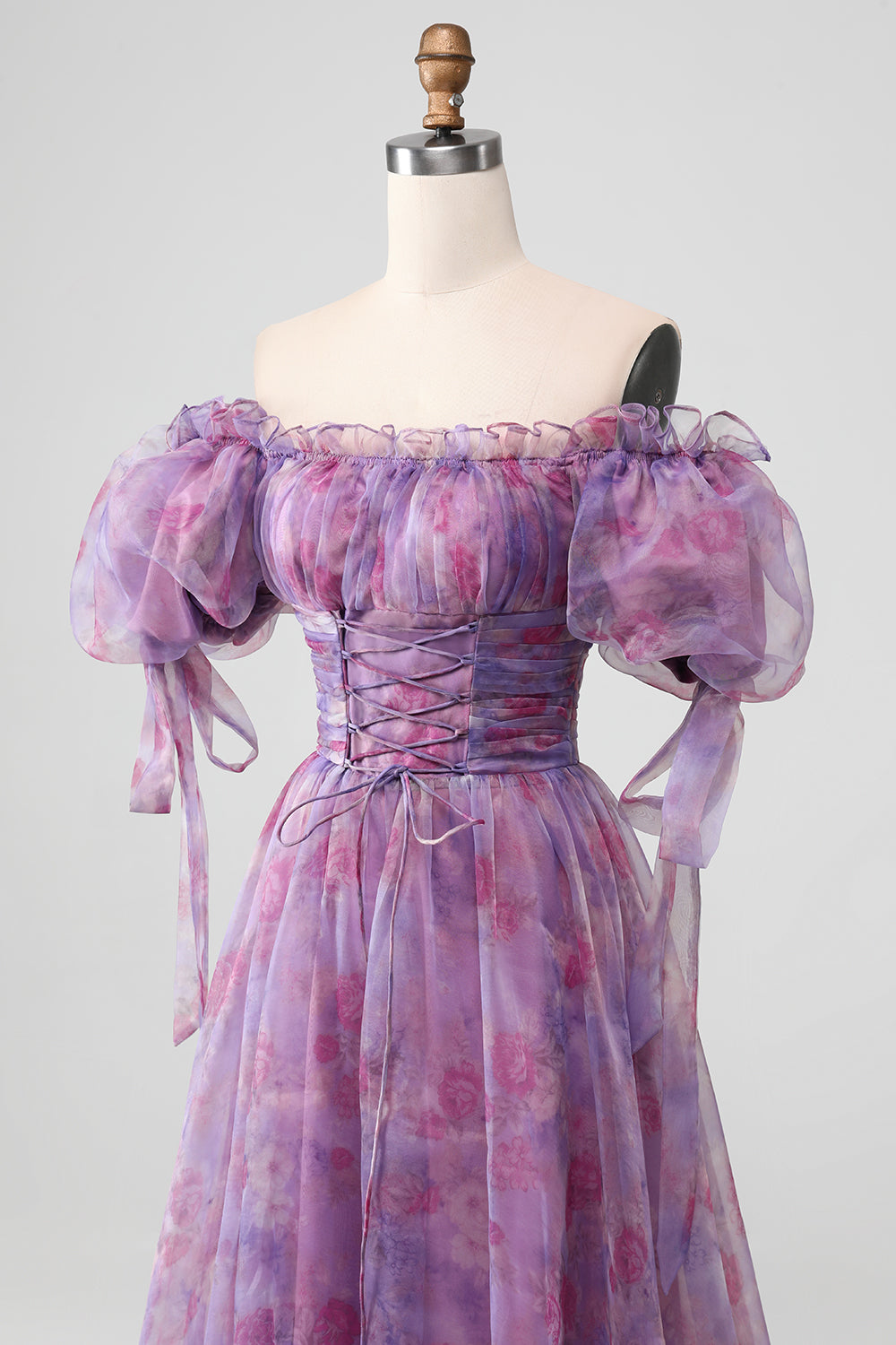 A-Linie Lila Langes Ballkleid mit Drucken und Schnürung und Puffärmeln