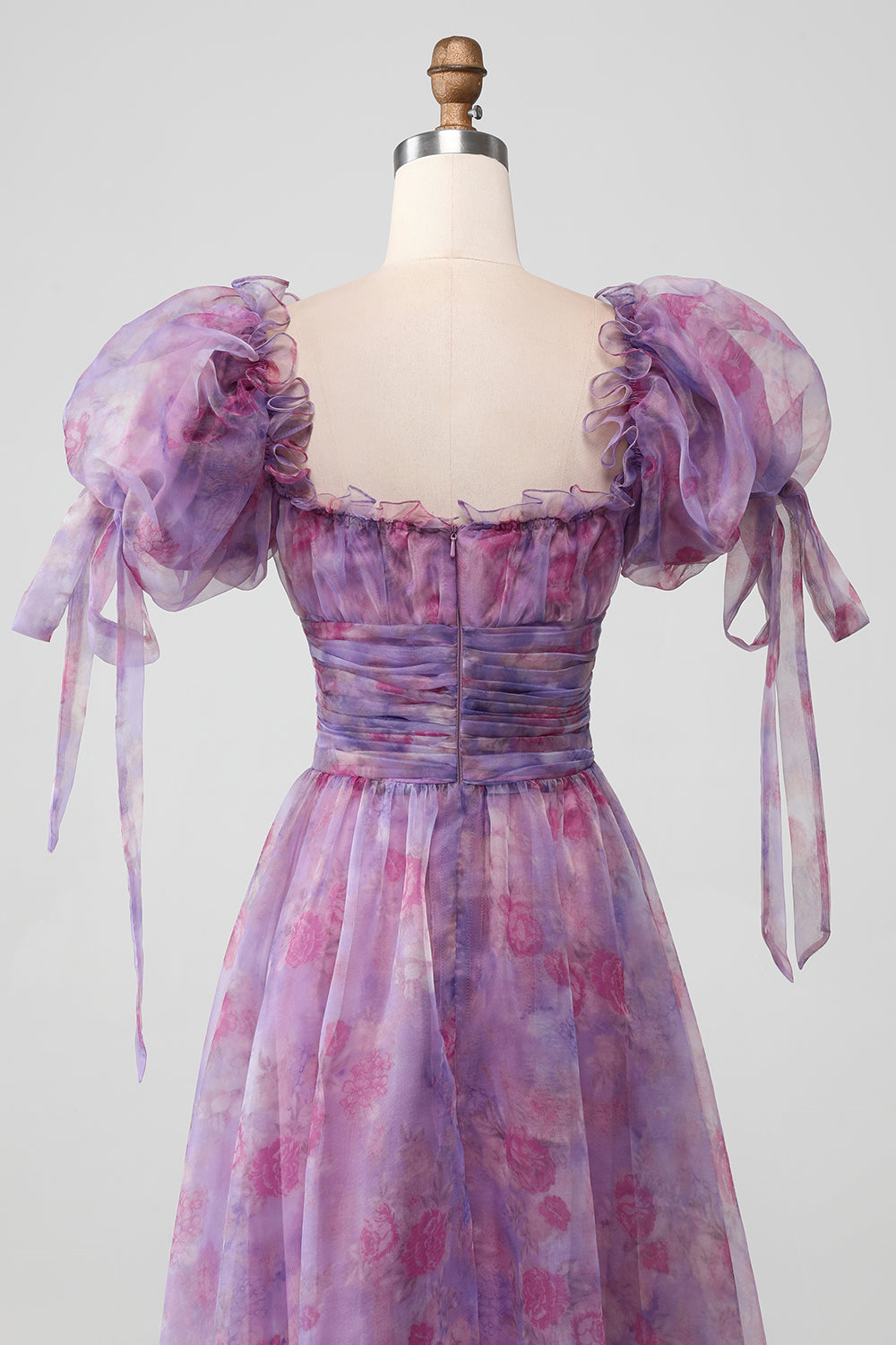 A-Linie Lila Langes Ballkleid mit Drucken und Schnürung und Puffärmeln