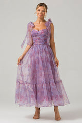 Lila A-Linie Plissee Kleid mit Druckmuster in Teelänge