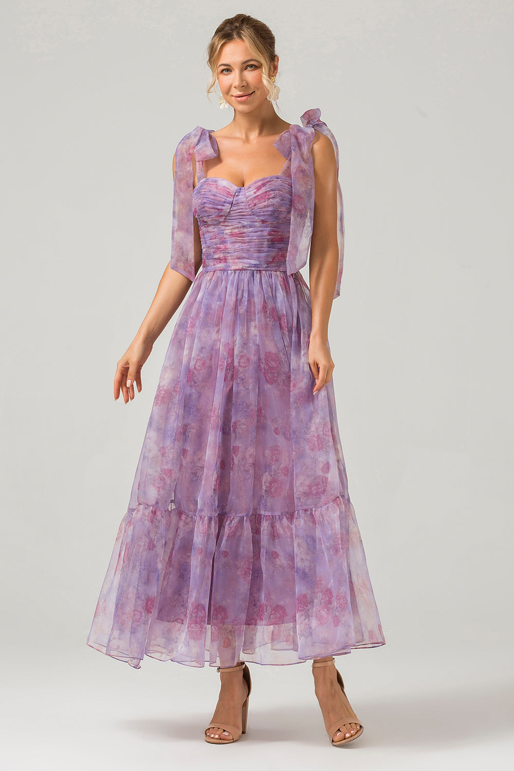 Lila A-Linie Plissee Kleid mit Druckmuster in Teelänge