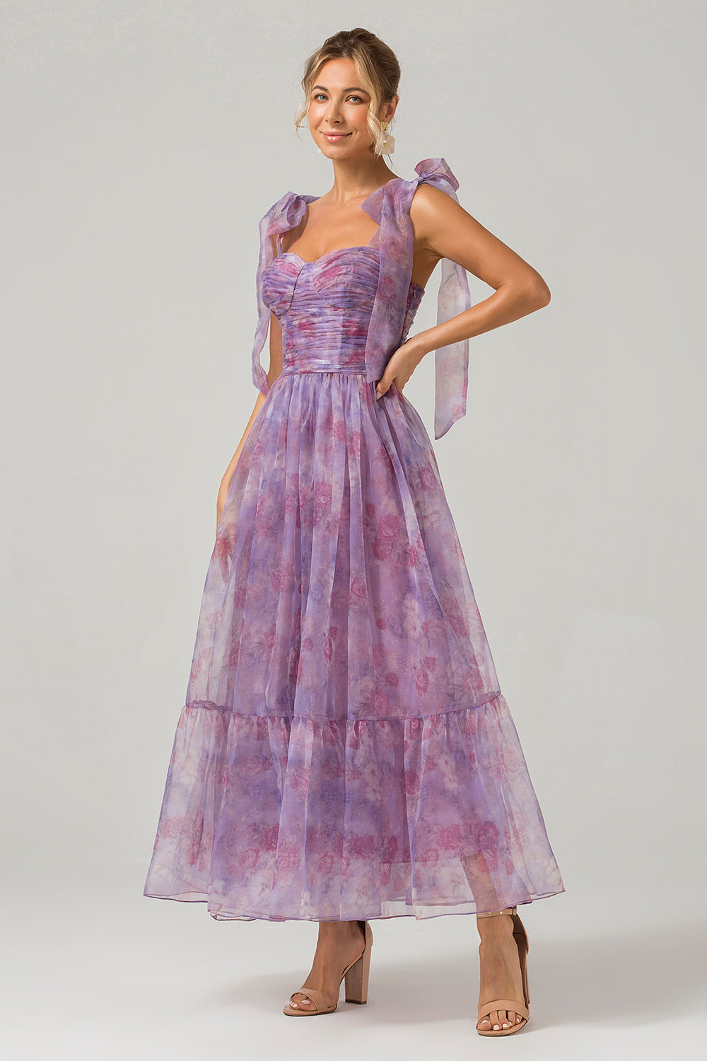 Lila A-Linie Plissee Kleid mit Druckmuster in Teelänge