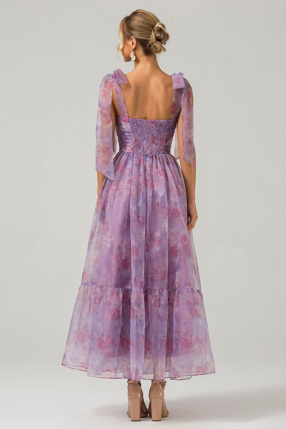 Lila A-Linie Plissee Kleid mit Druckmuster in Teelänge