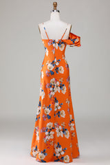 Meerjungfrau bedrucktes Brautjungfernkleid mit orangefarbener Blume