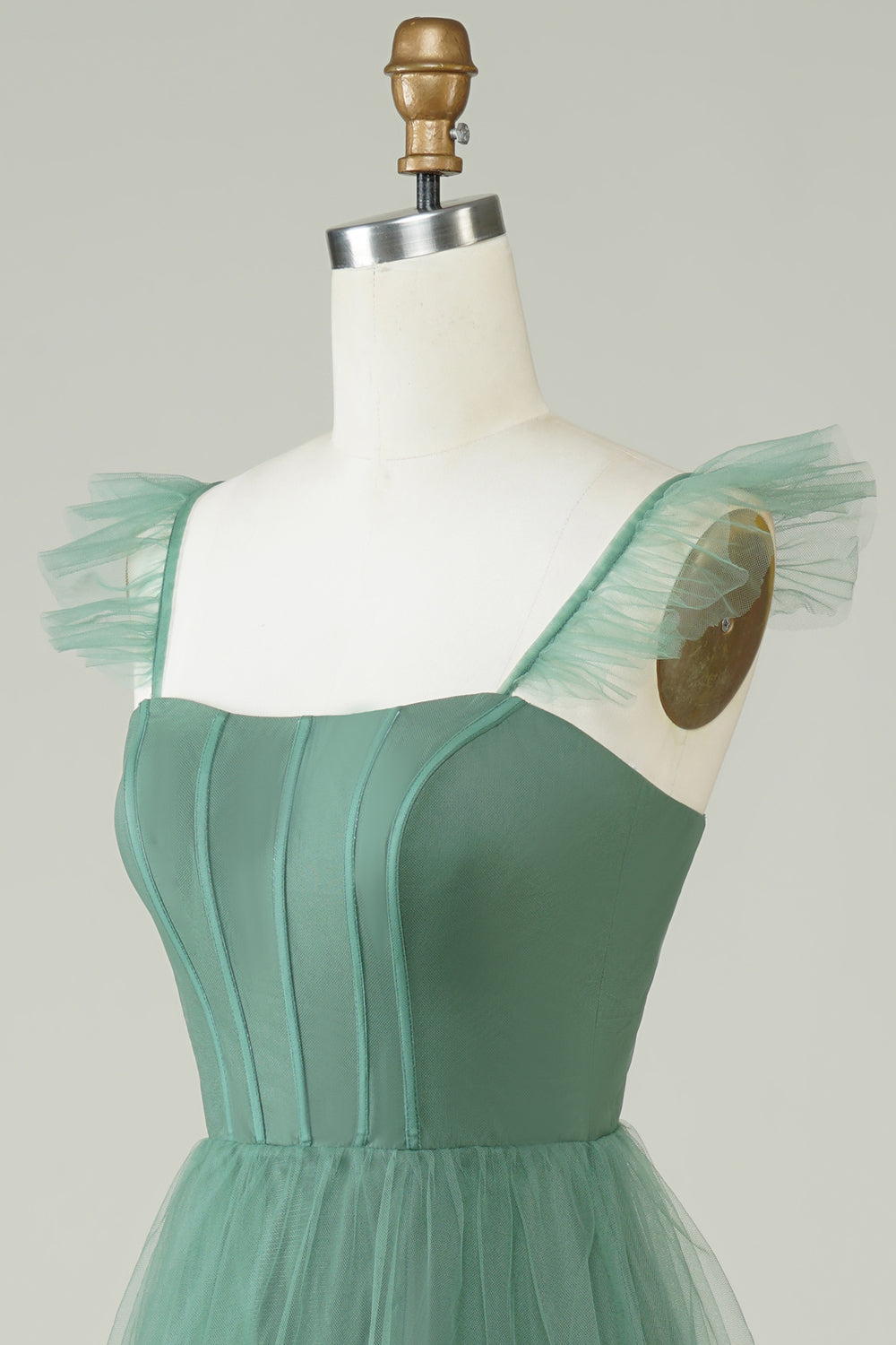A Linie Spaghettiträger Langes Eukalyptus Brautjungfernkleid aus Tüll