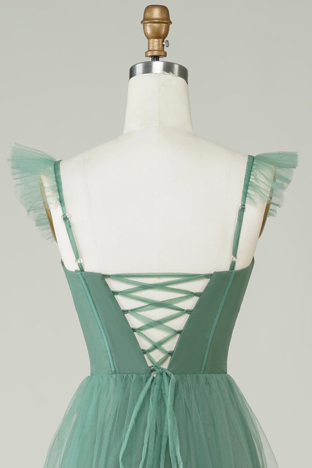 A Linie Spaghettiträger Langes Eukalyptus Brautjungfernkleid aus Tüll