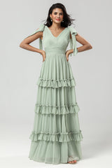 A Linie Chiffon Grünes Brautjungfernkleid mit Plissee