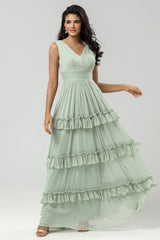 A Linie Chiffon Grünes Brautjungfernkleid mit Plissee