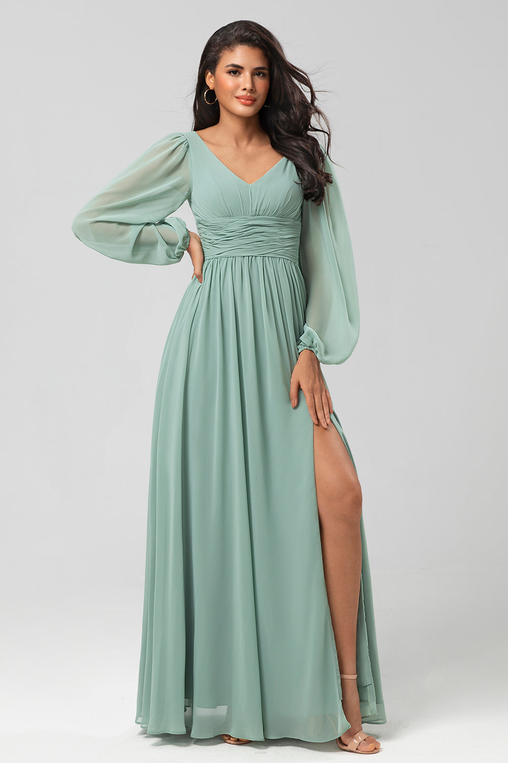 A Linie Grünes Brautjungfernkleid mit langen Ärmeln und Schlitz