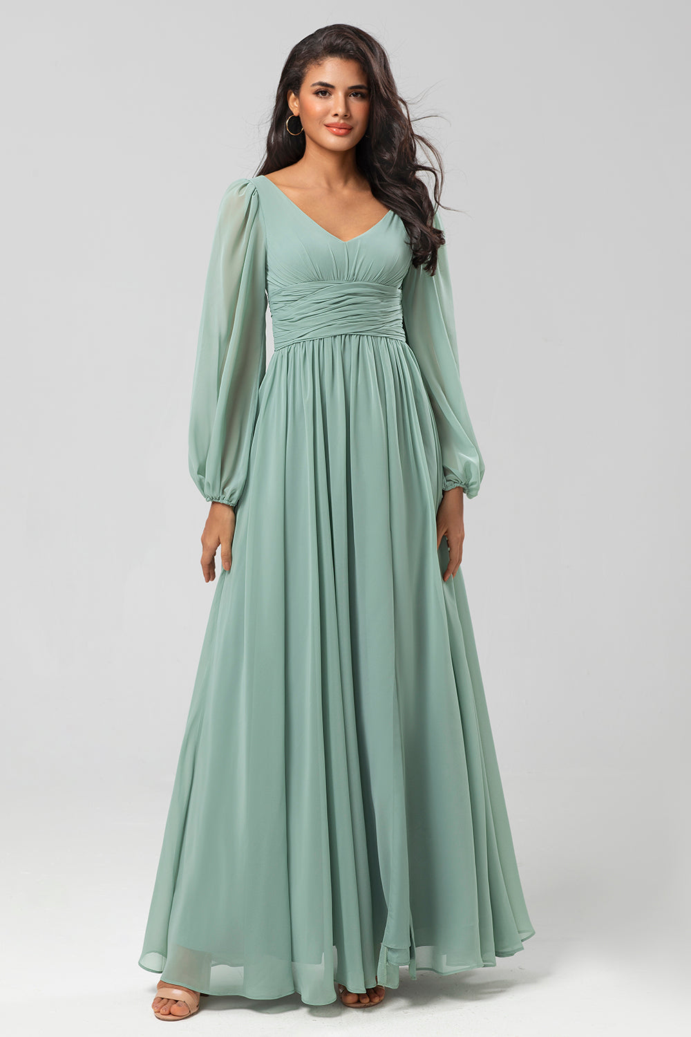 A Linie Grünes Brautjungfernkleid mit langen Ärmeln und Schlitz