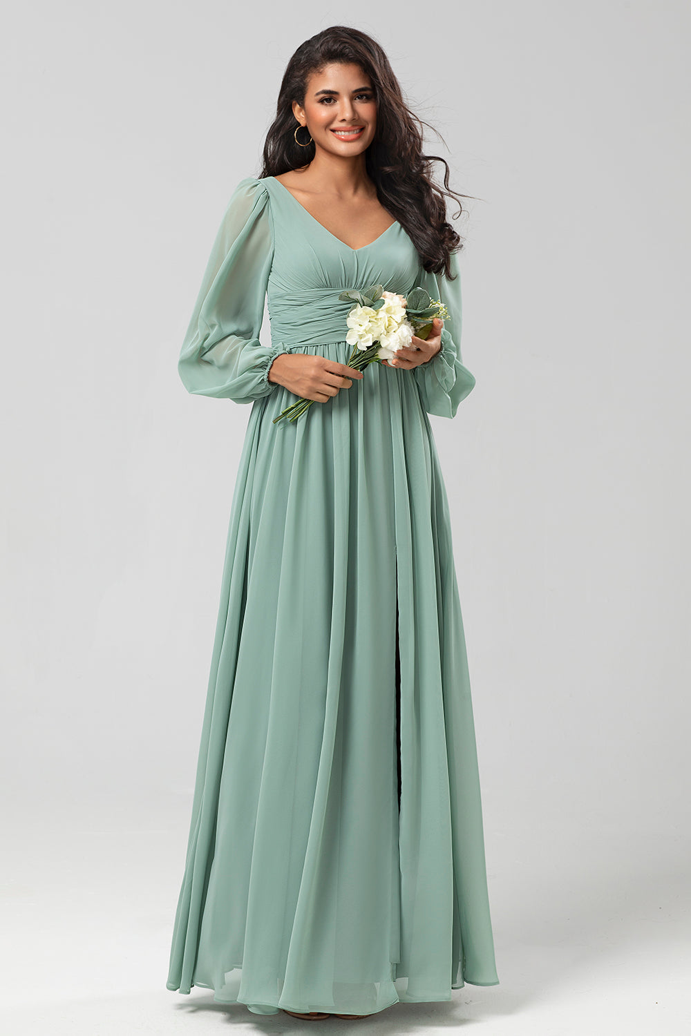 A Linie Grünes Brautjungfernkleid mit langen Ärmeln und Schlitz