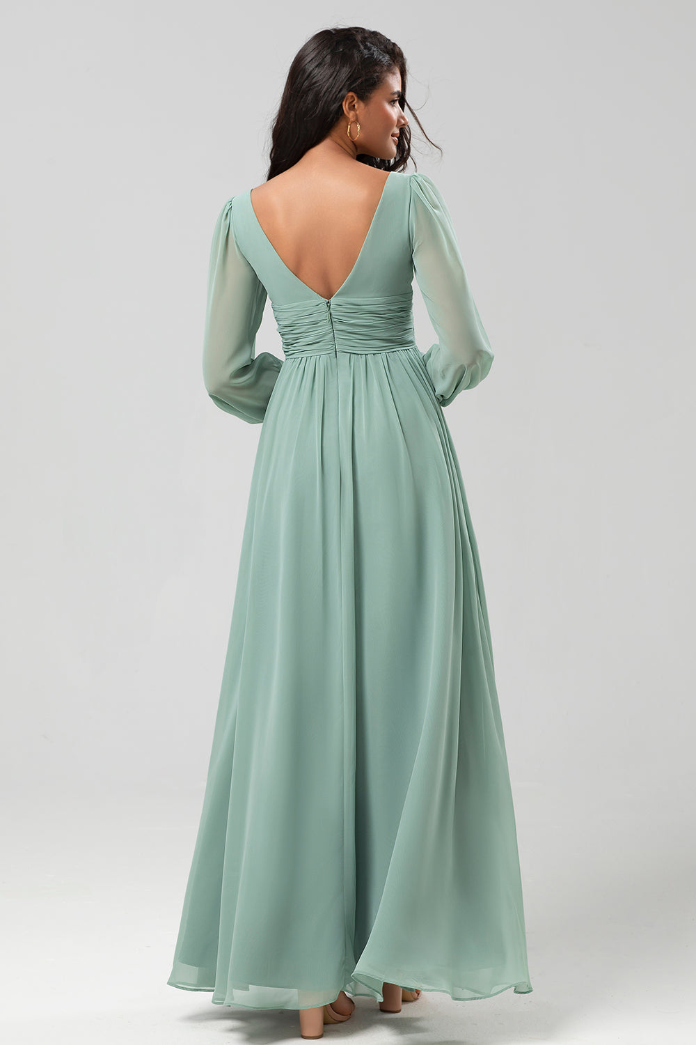 A Linie Grünes Brautjungfernkleid mit langen Ärmeln und Schlitz