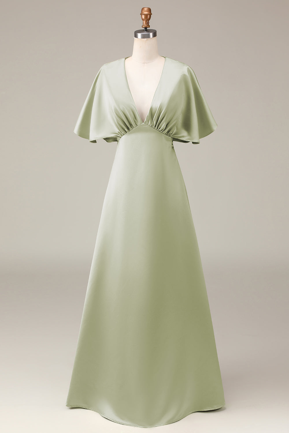 A-Linie Staubiger Salbei Brautjungfernkleid aus Satin mit kurzen Ärmeln und V-Ausschnitt