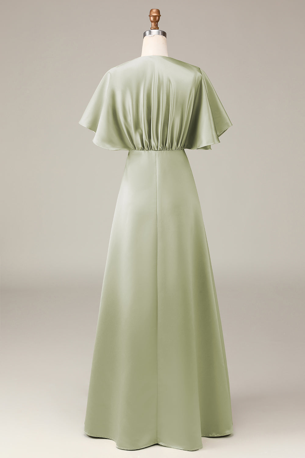 A-Linie Staubiger Salbei Brautjungfernkleid aus Satin mit kurzen Ärmeln und V-Ausschnitt
