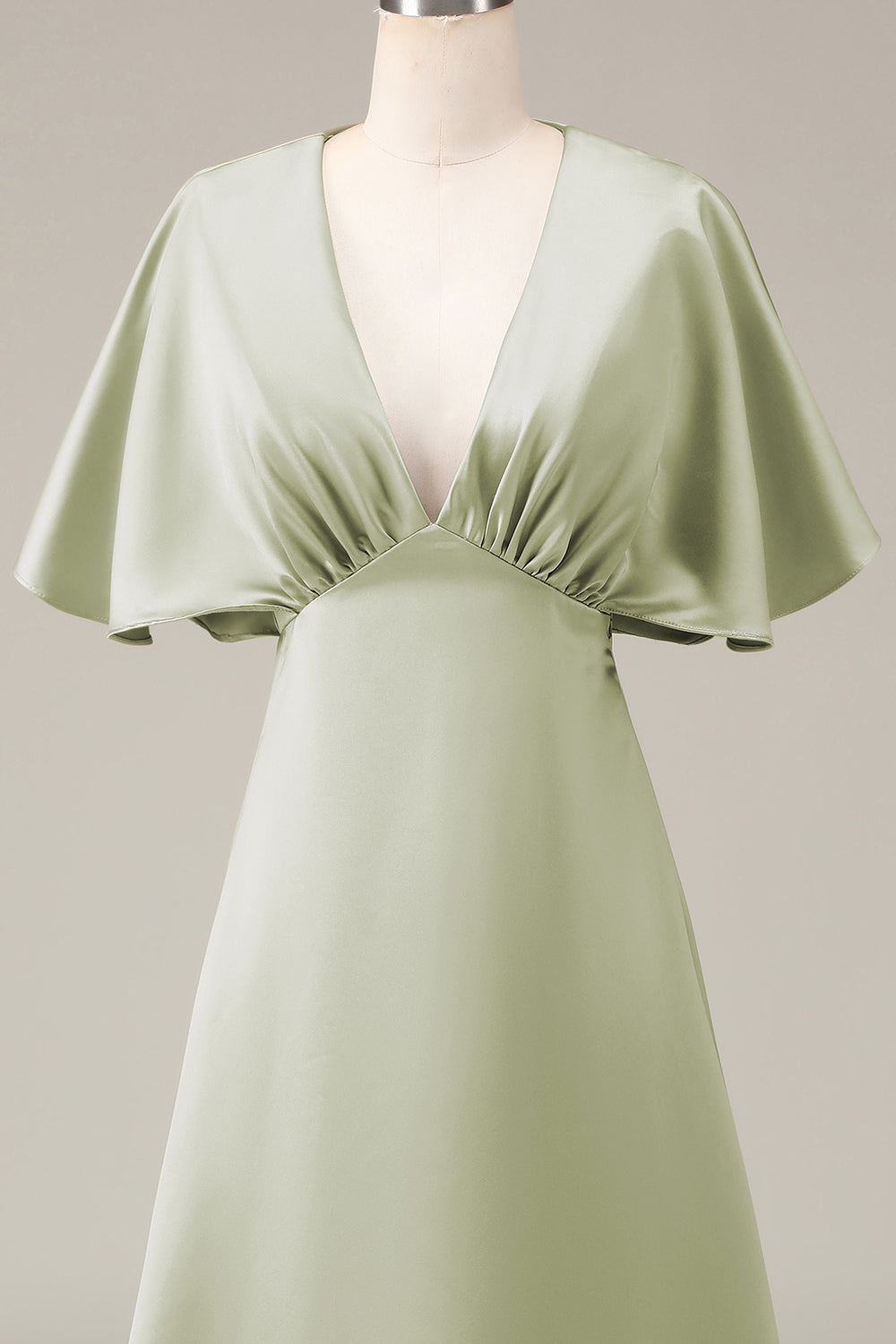 A-Linie Staubiger Salbei Brautjungfernkleid aus Satin mit kurzen Ärmeln und V-Ausschnitt