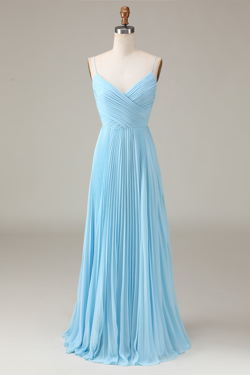 A-Linie Himmelblaues Spaghettiträger Brautjungfernkleid mit V-Ausschnitt