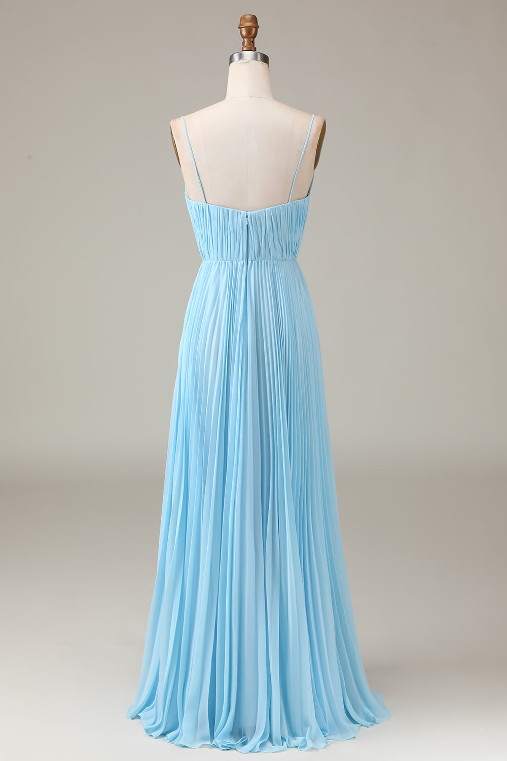 A-Linie Himmelblaues Spaghettiträger Brautjungfernkleid mit V-Ausschnitt