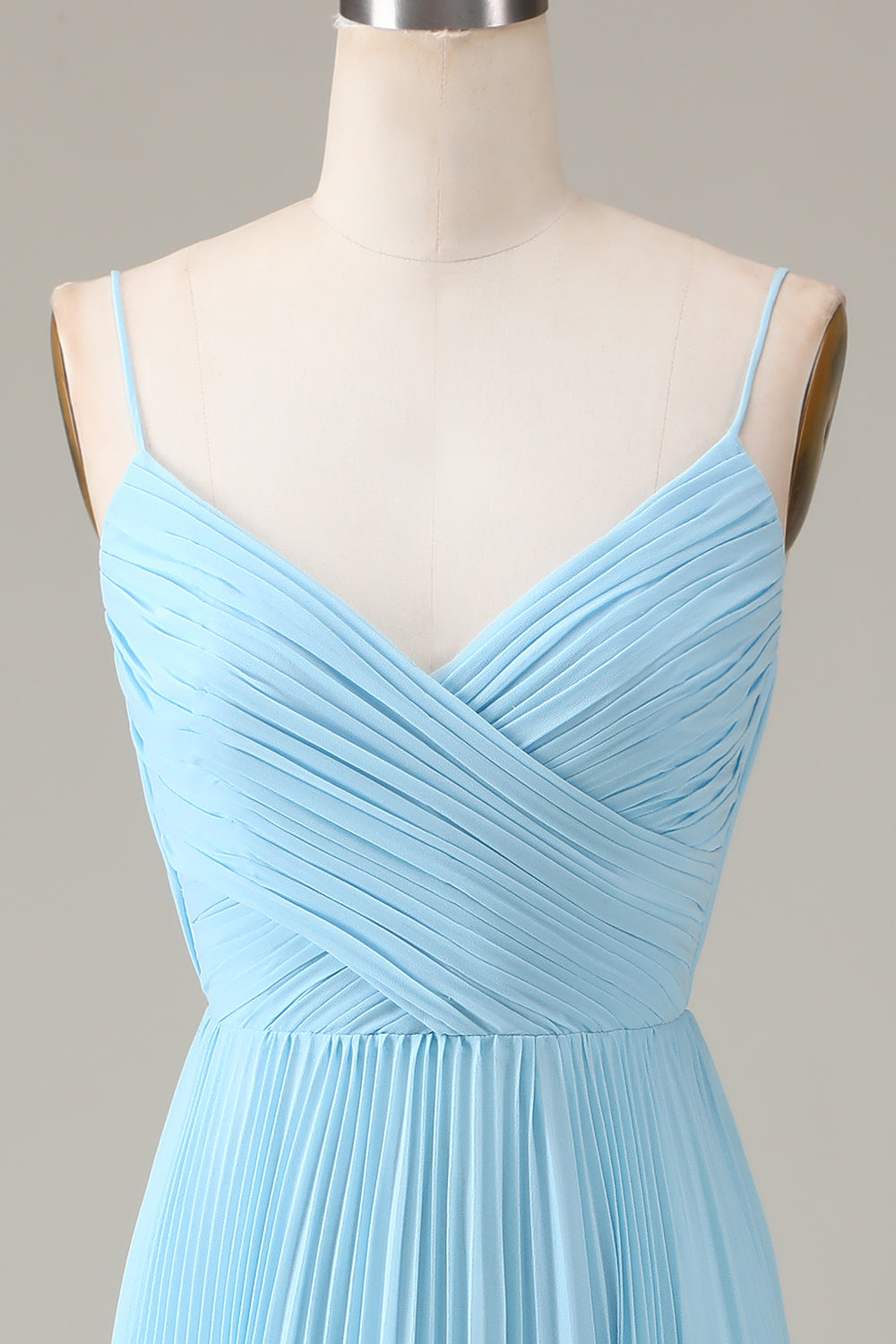 A-Linie Himmelblaues Spaghettiträger Brautjungfernkleid mit V-Ausschnitt