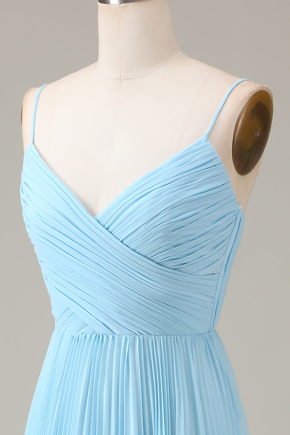 A-Linie Himmelblaues Spaghettiträger Brautjungfernkleid mit V-Ausschnitt