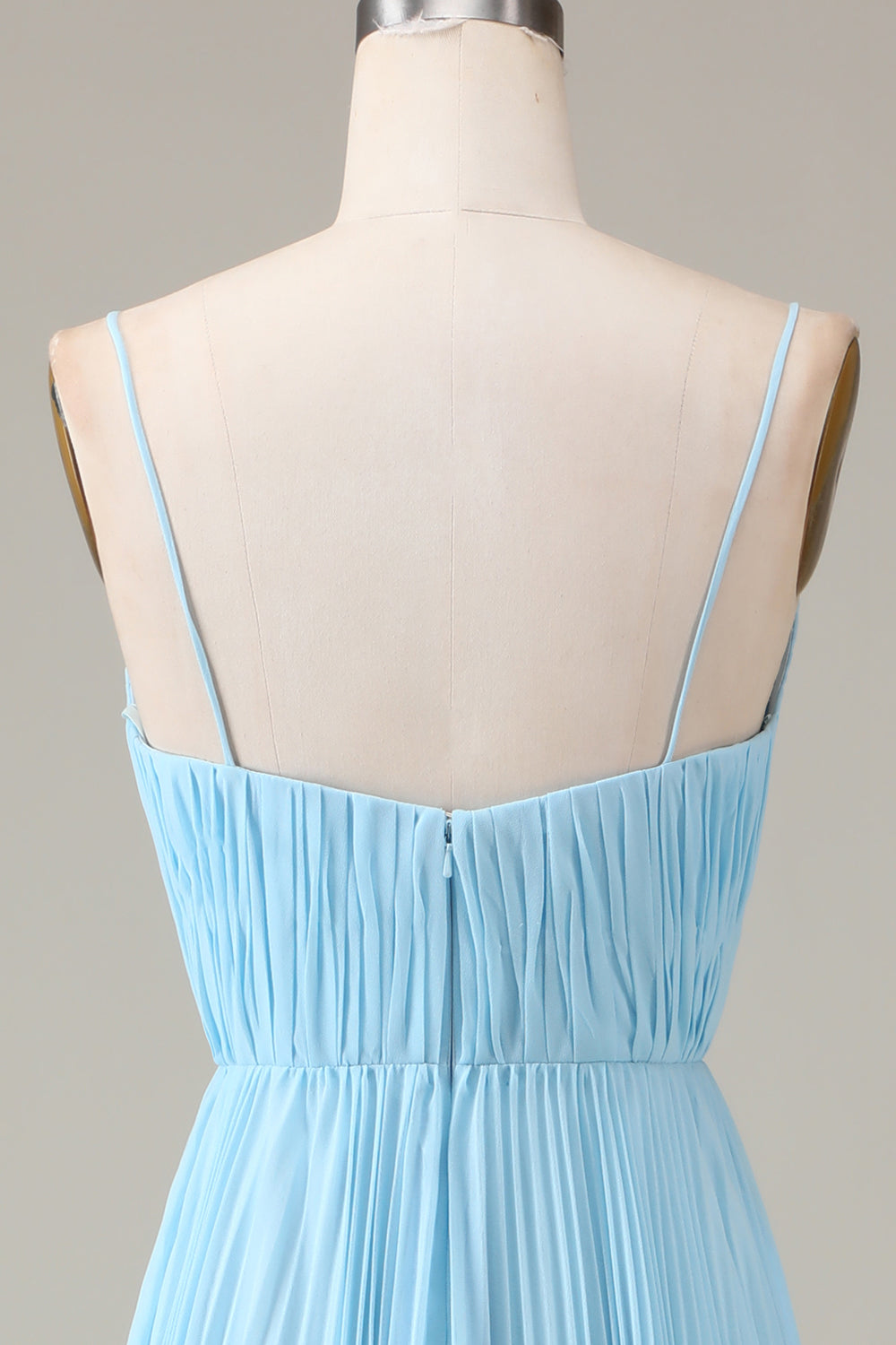 A-Linie Himmelblaues Spaghettiträger Brautjungfernkleid mit V-Ausschnitt