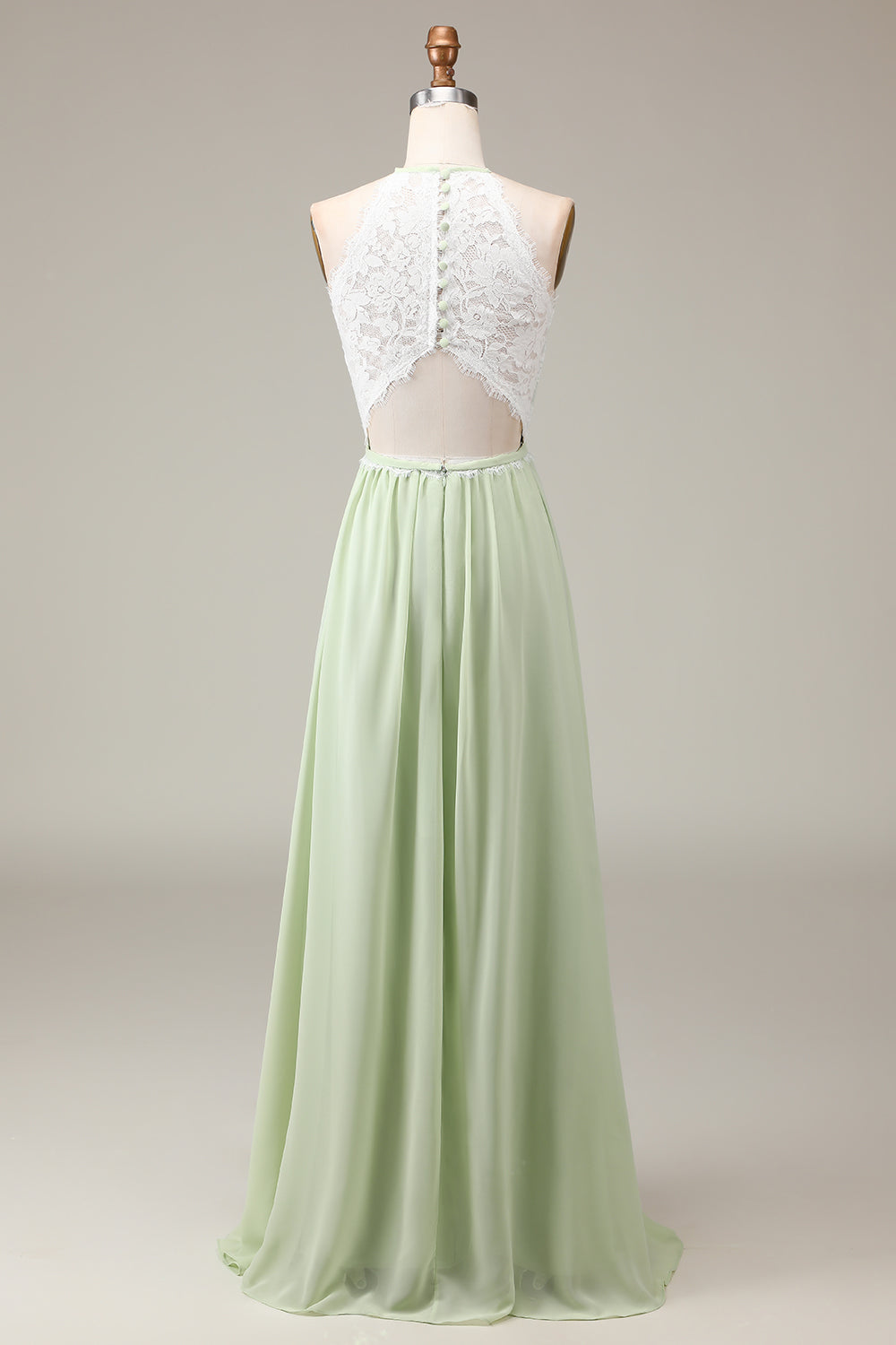Staubiger Salbei Neckholder Kleid aus Spitze und Chiffon in A-Linie bodenlanges Brautjungfernkleid