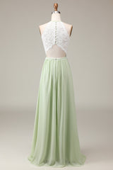 Staubiger Salbei Neckholder Kleid aus Spitze und Chiffon in A-Linie bodenlanges Brautjungfernkleid